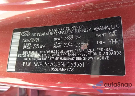 2022 Hyundai Elantra Sel z USA, uszkodzony, nr VIN 5NPLS4AG9NH068561